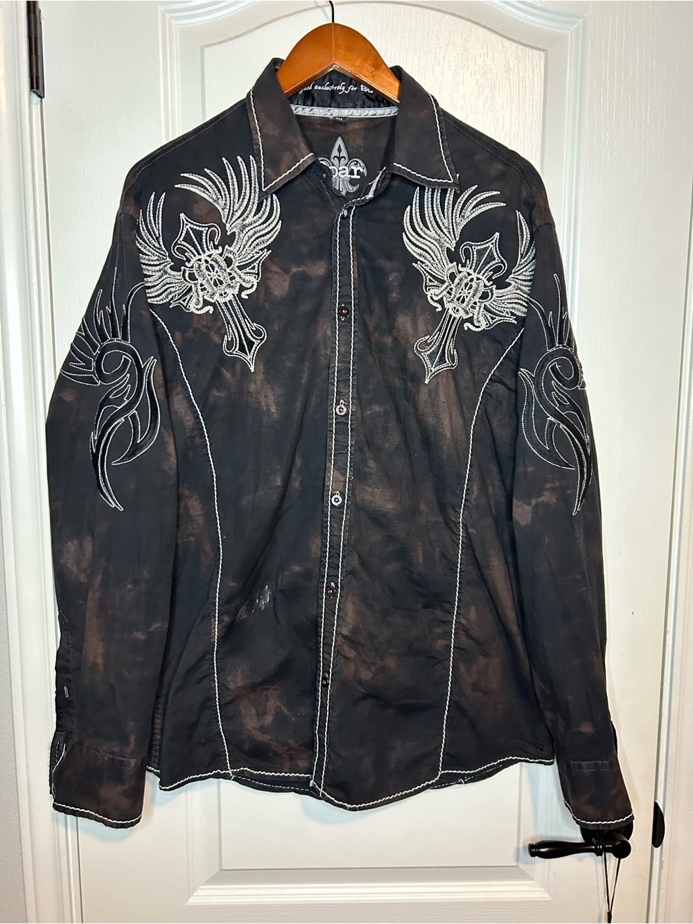 Roar Black CROSS Embroidered Button-Down Shirt Jacket XL